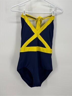 Boden Kefalonia Halterneck Swimsuit in Navy and Citrua Colorblock.